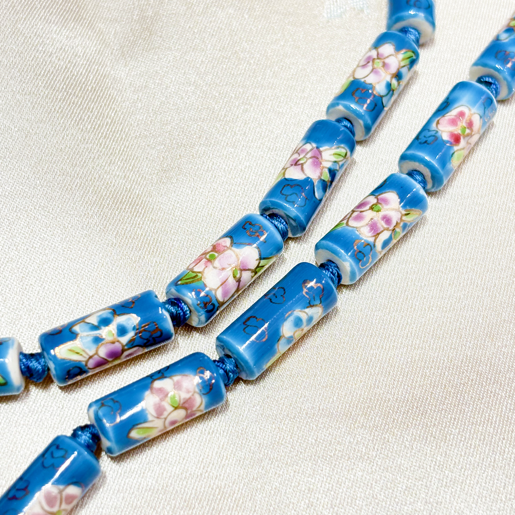 Tube-Shaped Cloisonne-Design Porcelain Necklace with Lotus Pattern (Various Colors)