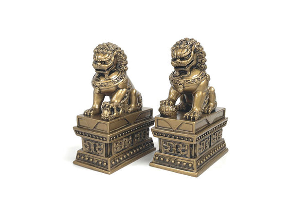 Resin Foo-Lion Statue Set (Designed Base) 4"