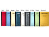 Notebooks in red, blue, beige, navy, white, black, Lt blue, green, mustard