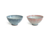 Two Hamon Tokusa Rice Bowls. One in blue and White. The other in red and white