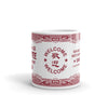 Side view of white mug with burgundy text and design for Hop Kee restaurant